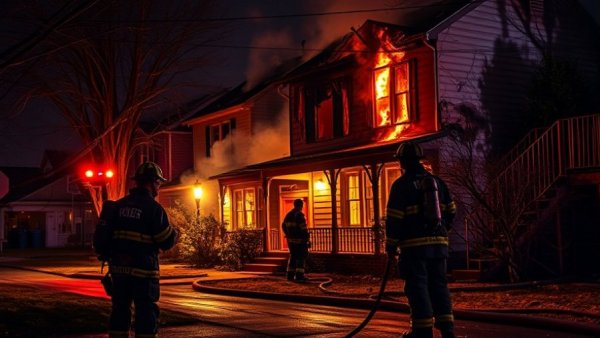 San Antonio local news: Firefighters at house fire scene at night.