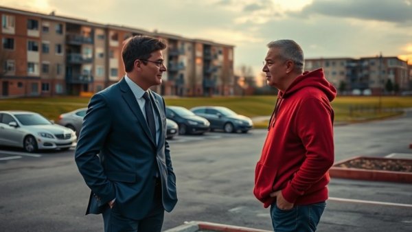 Men discuss gun violence at Houston apartment complex parking area.