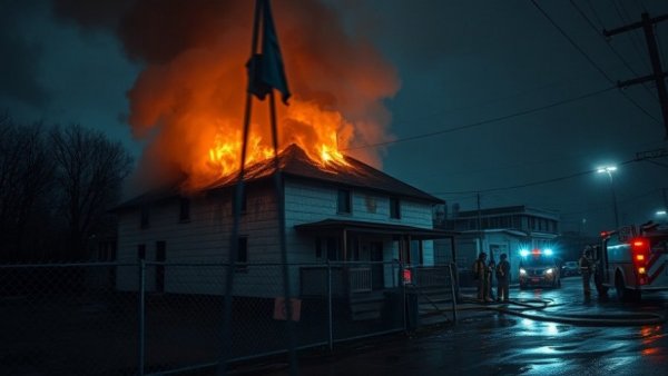Abandoned property fire in Houston with emergency response at night.