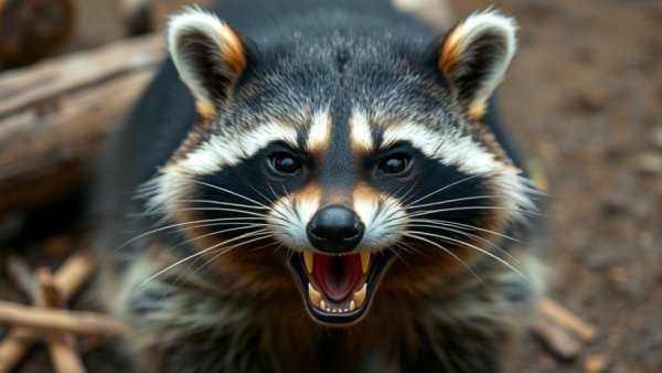 Hostile raccoon baring teeth in natural setting, rabies in raccoons.