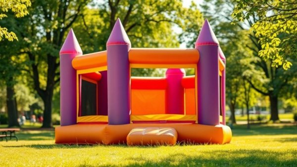 Colorful inflatable bouncy castle in a sunny park setting.