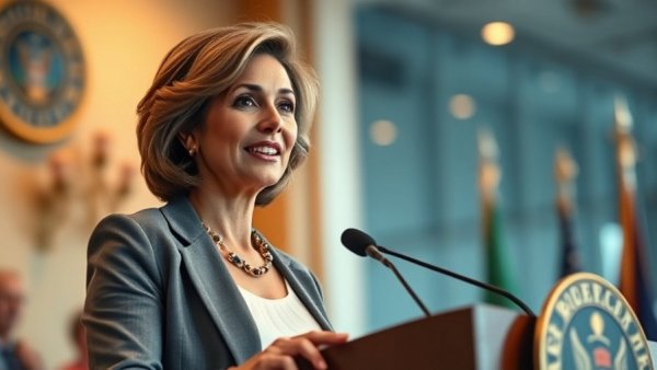 Confident woman speaking at podium about Trump court ruling, Alina Habba.