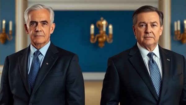 Russia accountability for crimes, two serious middle-aged men side by side, formal setting.