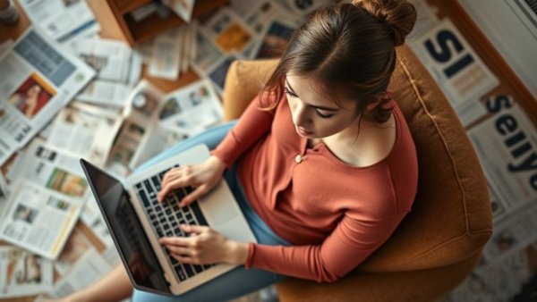 Woman using laptop amid newspapers, trust in news media.