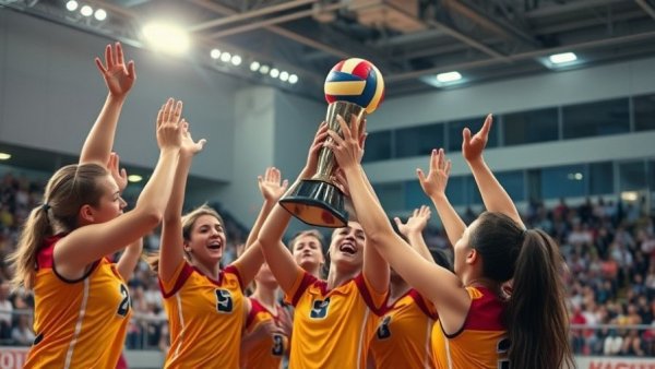 SEC Volleyball Championship team celebration with trophy.