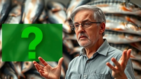 Man discussing pollutant levels in fish with informative backdrop.