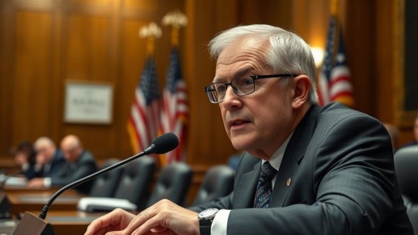 Elderly man in suit speaking at a meeting with flags in the background.