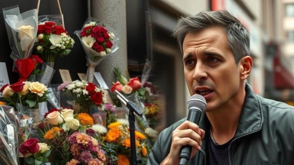 National news juxtaposition: memorial and man's speech.