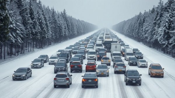 Midwest snowstorm chaos causing traffic pileup on icy highway.