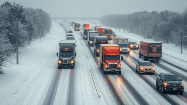 Midwest snowstorm travel disruptions causing traffic standstill on snowy road.