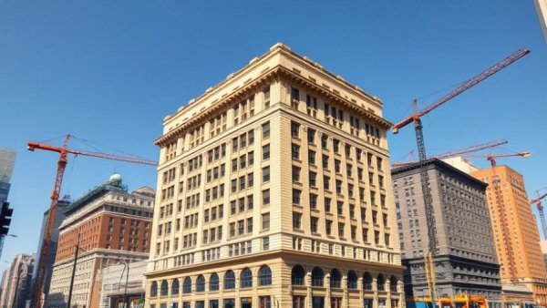 Historic commercial building in San Antonio with crane and blue sky.