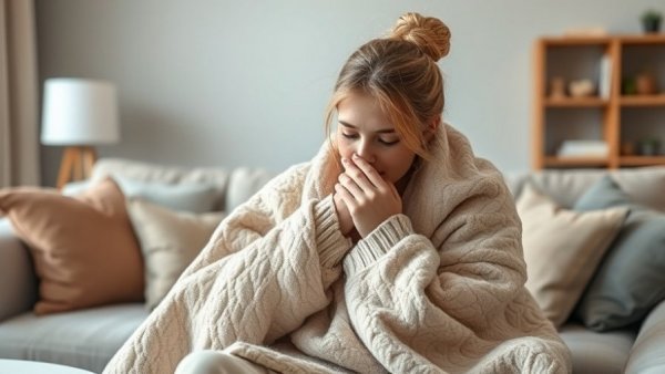 Woman feeling sick during the holidays under a cozy blanket indoors.