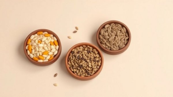 Seed cycling for PCOS and fertility with seeds in bowls on beige background.