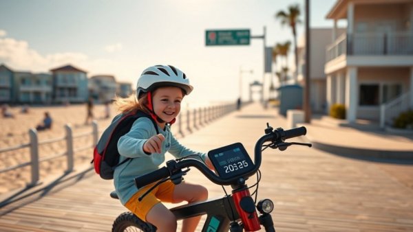 Kids on e-bike for safety, beach path, houses, speed monitor.