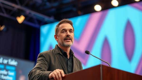 Confident speaker discussing Texas education bills at a branded event.