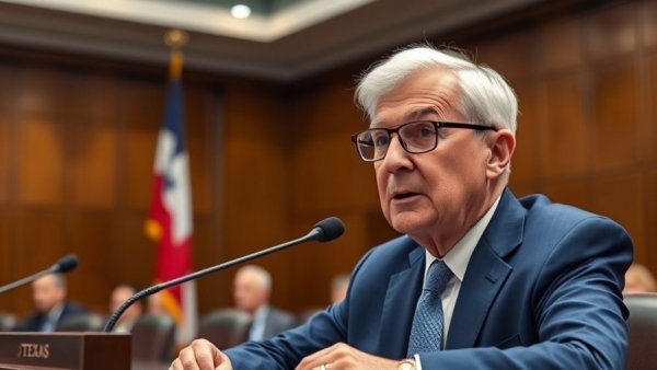 Elderly man discusses Texas politics in formal setting.