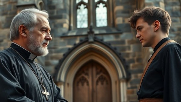 Priests in tense standoff outside gothic church for Wake Up Dead Man: A Knives Out Mystery.