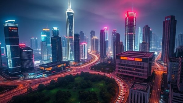 Night cityscape of I-35 cap and stitch project in Austin.