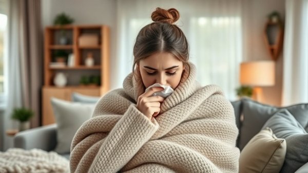 A woman under a blanket feeling ill, holiday stress concept.