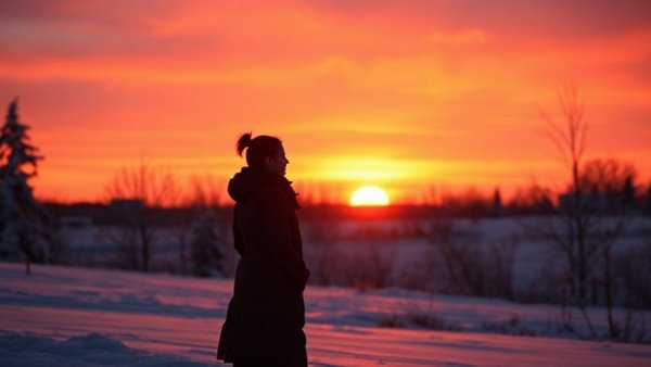 Silhouette at sunset during winter solstice ritual, peaceful scene.