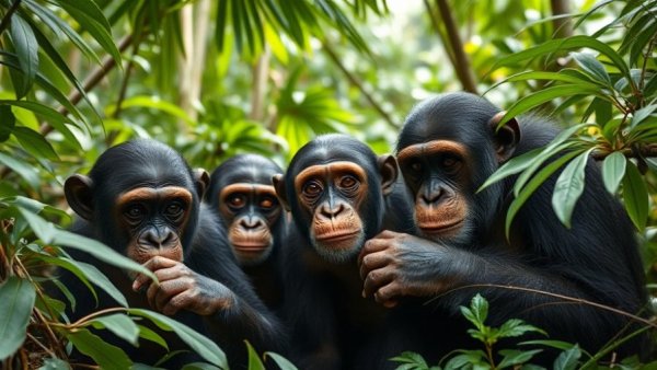 Curious chimpanzees exploring jungle, related to chimpanzees alcohol consumption study.