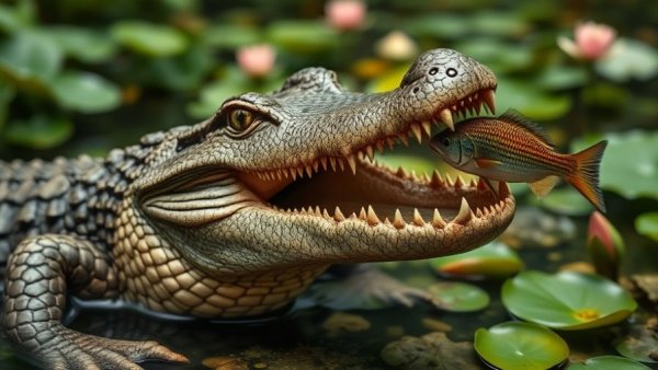 Ancient crocodile hunting in prehistoric swamp.