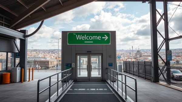 Dallas transportation facility entrance with green sign.