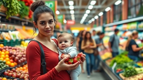 Houston young mothers barriers to college and work depicted by a mother and child in grocery shopping scene.