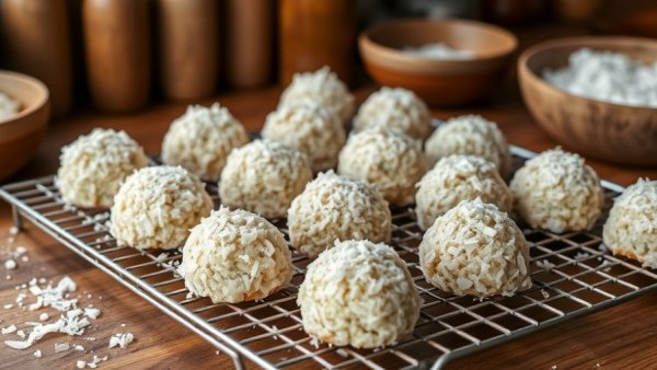 Delicious snowball cookies topped with coconut, on a cooling rack.