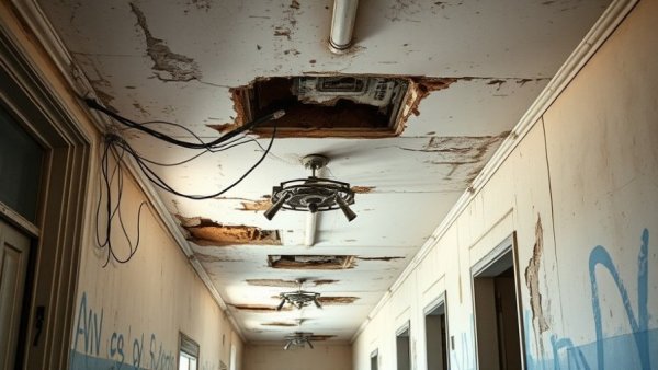 Damaged ceiling in San Antonio food pantry showing disrepair.