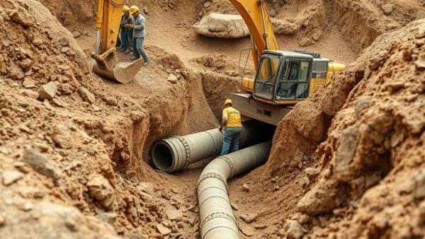 Lago Vista water crisis repairs with heavy machinery and workers.