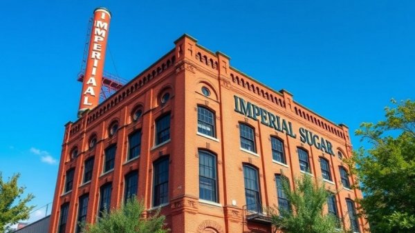 Imperial Sugar building with iconic sign under clear sky