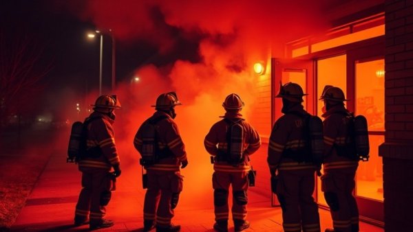 Firefighters responding to a Houston three-alarm fire at night.