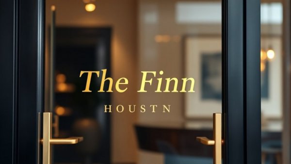 Finn Food Hall Houston logo on glass door with gold lettering.