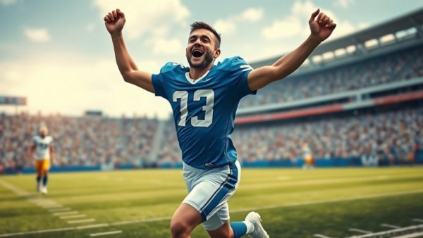 Big 12 Conference Awards football player celebrating in uniform, stadium background.