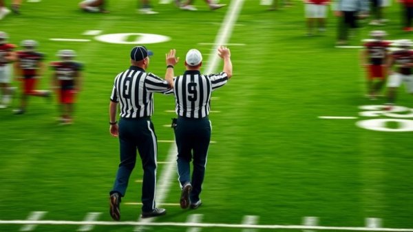 Referee signals during goal line stand in college football game.