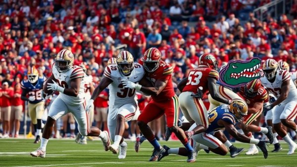 Intense football action between Florida State Seminoles and Florida Gators.