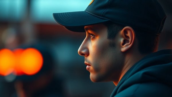 Contemplative person wearing navy cap with orange logo, sports background.