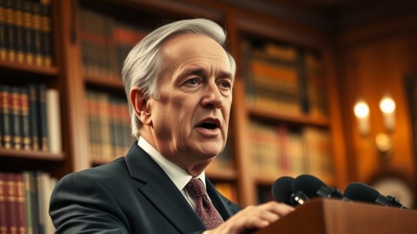 National political news: politician speaking at conference with books in background.
