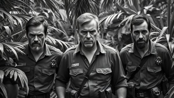 Eugene Hasenfus being escorted during the Iran-Contra affair in dense jungle.