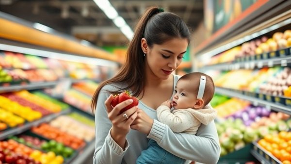 Young mother with baby shops for fruit, highlighting challenges in Houston employment.