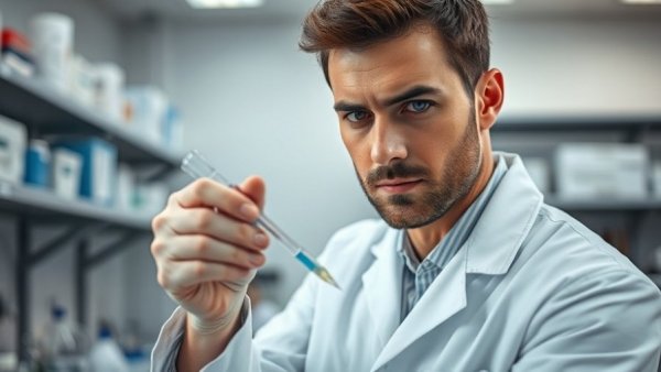 Scientist in lab preparing sample with pipette, research setting.