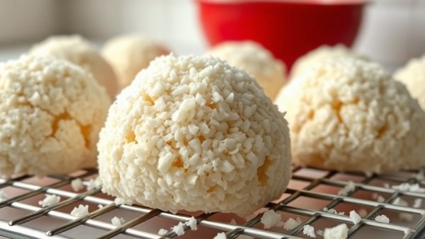 Snowball cookies covered in coconut, cooling on a rack.