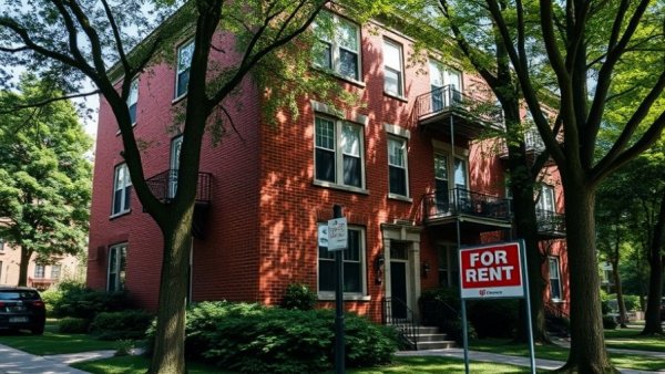 Apartment with 'For Rent' sign as rents drop further, vibrant and detailed.