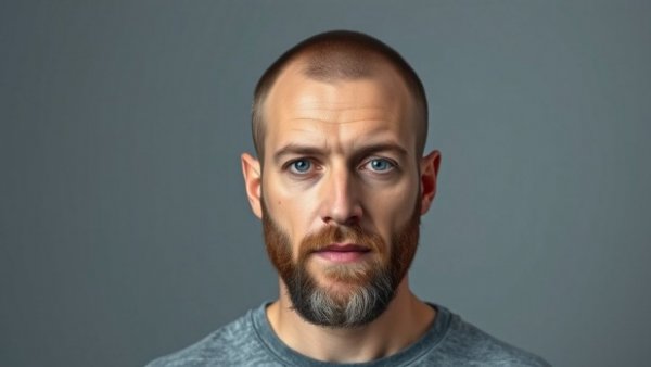 Serious man with a beard and short haircut under soft lighting.