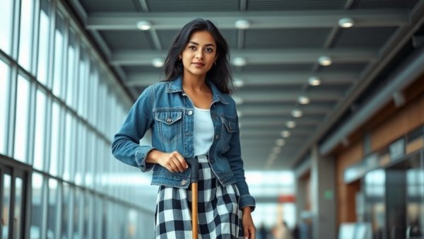Confident young woman with cane indoors, illustrating medically fragile under Medicaid work rules.