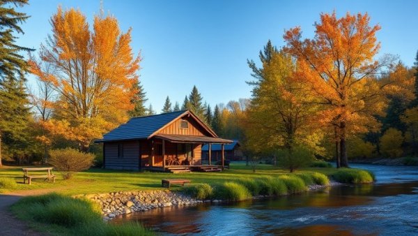 Camp Mystic building by river showcasing safety upgrades with autumn trees