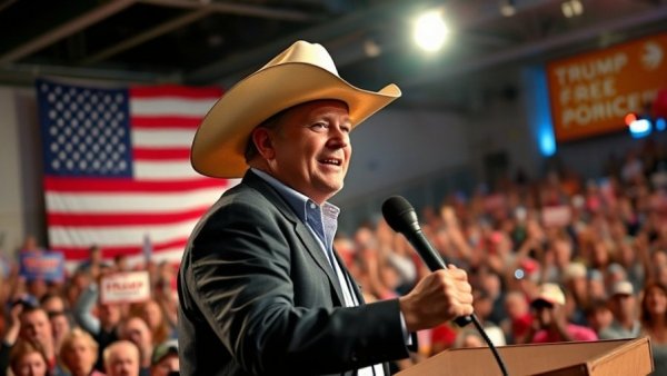 Man in cowboy hat speaks at vibrant Texas elections 2025 rally