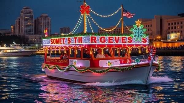 Vibrant Texas holiday boat parade with illuminated boat and crowd.