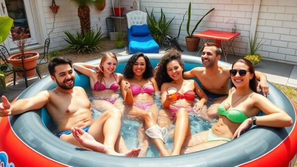 Friends relaxing in a pool, enjoying the Austin comedy scene atmosphere.